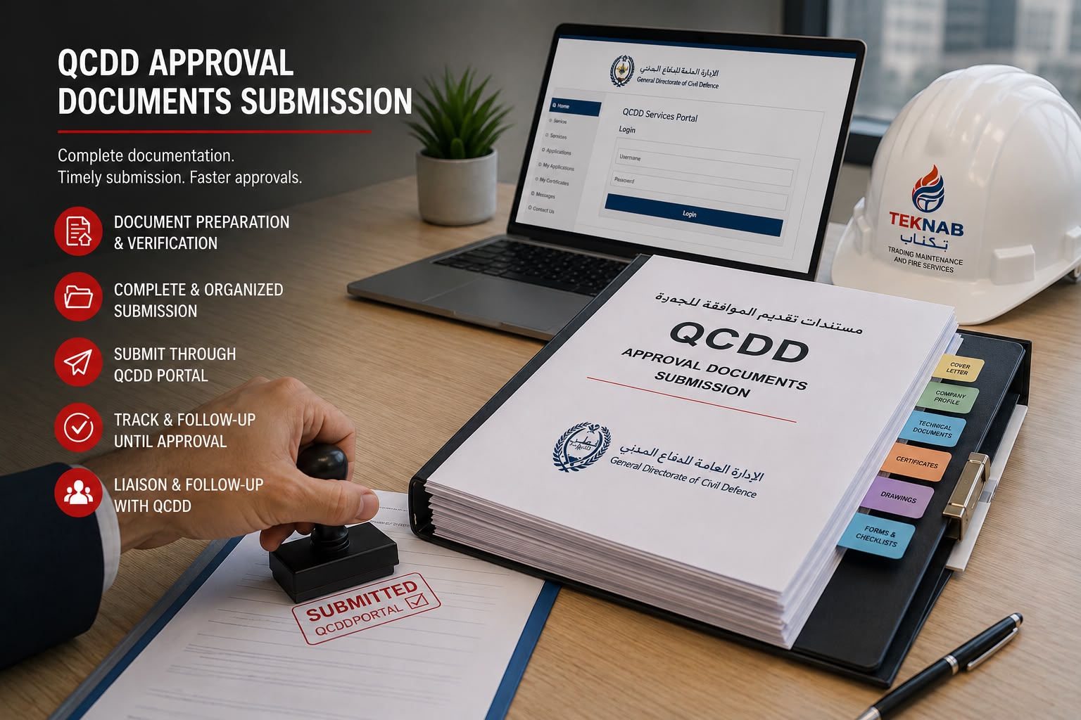 QCDD documents submission and civil defense approval Qatar